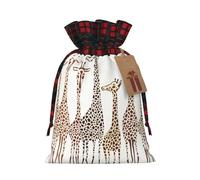 Cute Cartoon Funny Giraffes Printed Christmas Drawstring Linen Gift Bags – Reusable Burlap Fabric Bags With Tags For Christmas Gifts, Party Favors, Wedding Decor & Holiday Packaging 2 Sizes