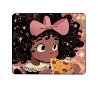 Cute Cartoon Girl Eating Pizza Mouse Pad, Peach Bow and Star Elements Non-Slip Washable Mousepad for Home and Office, Fun Design Gaming Mouse Pad Square 8x10 Inch