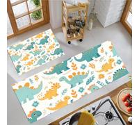 Cute Cartoon Kitchen Rug, 40x60+40x120cm Kitchen Mats Set of 2, Non-Slip Kitchen Runner, Anti Fatigue Washable Floor Mats, Rug with Plant Dinosaur for Home, Blue-Green