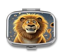Cute Cartoon Lion Pill Case 2 Compartments Travel Pill Organizer for Pocket Small Pill Box Portable Pill Container Metal Medication Holder to Hold Vitamin Fish Oil Supplement