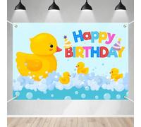 Cute Cartoon Little Yellow Duck Happy Birthday Banner Backdrop Gender Reveal Ducky Duck Baby Shower Newborn Kids Boys Girls Birthday Party Photo Booth Favors Decorations Supplies 70.8x47.2in-BECKTEN