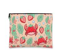 Cute Cartoon Makeup Bag, Strawberry Crab Pattern Cosmetic Travel Pouch for Women, Portable Canvas Zipper Organizer, Summer Beach Toiletry Bag, Peach, 7x9 Inch, Crab