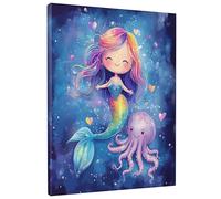 Cute Cartoon Mermaids Wall Art for Living Room Decor, 1 Piece Ocean Octopus Kid Canvas Prints Vertical Wall Art, Small Large Girls Sealife Decorative Bathroom Dining Room Bedroom 12 * 16