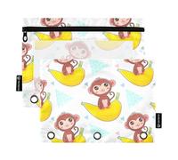 Cute Cartoon Monkeys Bananas 3 Ring Binder Pencil Pouch Zipper Binder Pencil Bag Pen Pastel School Clear Binders Pockets Office 9.8" x 7.1", 2 Packs