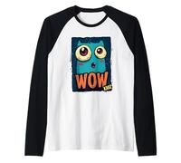 Cute Cartoon Monster with Big Eyes Saying WOW Raglan Baseball Tee