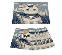 Cute Cartoon Nautical Sailors Cat Vinyl Placemats Set of 6 for Dining Tables,Kitchen Table Mats Heat Resistant Washable Wipeable PVC Place Mat