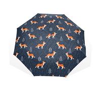 Cute Cartoon Orange Foxes Seamless on Snow Dark Blue Forest with Trees Rain Travel Umbrella, Hand Open Close Windproof Waterproof Folding Umbrella, Compact Canopy Strong Ray Parasol Umbrella
