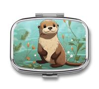 Cute Cartoon Otter Pill Box with 2 Compartments, Portable Pill Organizer for Pocket or Purse, Decorative Metal Medicine and Vitamins Organizer