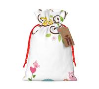 (Cute Cartoon Owl Tree Flowers And Squirrel) Christmas Burlap Gift Bags, Eco-Friendly Polyester Drawstring Pouches For Holiday, Birthday & Party Gift Packaging S
