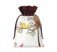 (Cute Cartoon Owl Tree Flowers And Squirrel) Christmas Drawstring Gift Bags, Reusable Buffalo Plaid Drawstring Wrapping Bags For Xmas Party Supplies S