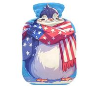 Cute Cartoon Penguin 4th of July Independence Day Travel hot Water Bottle with Soft Cover, 1L Warm Compress for Period Cramps, Neck and Shoulder Pain Relief, Bolsa de calor para Dolor Menstrual