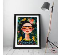 Cute cartoon portrait of Frida Kahlo Stunning Framed Wall Art Print Picture - A2 - Black Frame