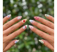 Cute Cartoon Press On Nails for Women - 24 Pcs Short Stiletto Artificial Nails with Pink White Yellow French Tips, Almond Shape, Blue Stars, Red Cherries, Hearts Mix Designs for Daily Wear or Party