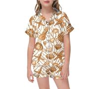 Cute Cartoon Print ilk Satin Pyjamas for Kids Button Down Short Sleeve Silky js Boys Girls 2025 Stylish Print Loungewear Top Shorts 2 Piece Nightclothes Matching Outfits (Khaki, 2-3 Years)