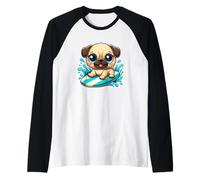 Cute Cartoon Pug Surfing on a Summer Wave Raglan Baseball Tee