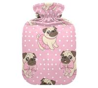 Cute Cartoon Pugs Pink Hot Water Bottle with Velvet Cover Hot Water Bag for Menstrual Cramps Small