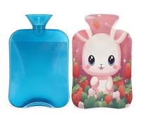 Cute Cartoon Rabbit Hot Water Bottle with Cover, Strawberry Bunny 2L Hot Water Bag for Pain Relief, Neck Soft and Shoulder, Hand Feet Warmer, Hot and Cold Compress for Adult Kids