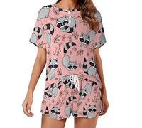 Cute Cartoon Racoon Causal Short Sleeve 2 Piece Pajama Sets Loungewear Top And Shorts For Women