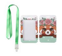 Cute Cartoon Red Panda Card Holder with Green Lanyard, ID Card Badge Holder, Vertical ID Cards Protector for Driver, Vertical Cards Protector for Doctor, Nurse Essentials Work Paramedic Accessories