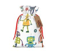 (Cute Cartoon Robots) Christmas Burlap Gift Bags, Eco-Friendly Polyester Drawstring Pouches For Holiday, Birthday & Party Gift Packaging S
