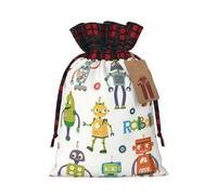 (Cute Cartoon Robots) Christmas Drawstring Gift Bags, Reusable Buffalo Plaid Drawstring Wrapping Bags For Xmas Party Supplies S