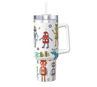 Cute Cartoon Robots Print 40oz with Straw and Lid, Stainless Steel Double Wall Vacuum Insulated Coffee Mug for Hot and Cold Coffee, Travel Mug with Handle
