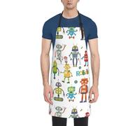 Cute Cartoon Robots print Apron, Aprons with Adjustable neck Straps, Oxford Cloth Aprons for Cooking Baking, Black, One size
