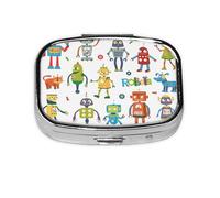 Cute Cartoon Robots Print Square Metal Pill Box Decorative Pill Case - Carry Your Meds in Style (Rectangular)