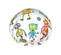 Cute Cartoon Robots Print Various Activities Shower Cap Reusable Soft And Lightweight Bath Hair Cap Long Hair