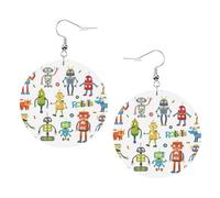 Cute Cartoon Robots Printed Faux Leather Earrings Set For Women, 1 Pair Lightweight Dangle Drop Pierced Earrings Jewelry Gifts For Women