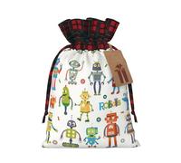 Cute Cartoon Robots Printing Color Matching Plaid Christmas Bag With Drawstring,4.7x6.9 In For Christmas Halloween