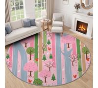 Cute Cartoon Round Rug 60 cm, Forest Cherry Blossom Trees Pine Trees Squirrel Stripes Design Circle Carpet, Pink Soft Non-Slip Area Rugs Mat for Living Room, Bedroom & Dining Room