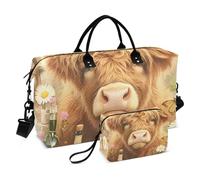 Cute Cartoon Scotland Cow Brown Decorative Carry on Weekender Overnight Bag Gym Carry on Duffel Bags with Adjustable Strap for Yoga 2 Pcs Set Bolsa de para Mujer