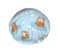 Cute Cartoon Seal Print Shower Caps for Women, Reusable Double Layers Elastic Band Long Hair Bath Caps for Shower