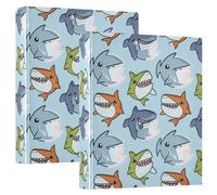 Cute Cartoon Sharks Blue 3 Rings Binders 1-1/2 Inch, D Ring Binders with 3 Interior Pockets Decorative Cute Three Ring Binder for Work School Office, 2 Pack