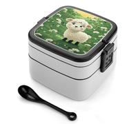 Cute Cartoon Sheep Bento Box with Spoon & Handle - 2 Compartment Leak-Proof Stackable Lunch Box for Adults, BPA-Free Reusable Food Containers for Work, Travel, Picnic