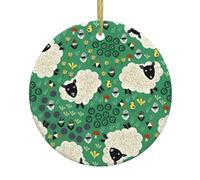 Cute Cartoon Sheep Print Christmas Tree Ceramic Hanging Decorative Ornaments – Round Keepsake for Xmas, Home Party, Holiday