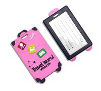 Cute Cartoon Silicone Luggage Tags, Travel Around The World Baggage Tags with Privacy Name Address Card, Anti-Lost Suitcase Labels for Luggage, Backpacks, and Travel Bags(Pink)