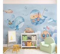 Cute Cartoon Sky White Clouds Whales Lighthouses 3D Wallpaper Premium Textured Silk Study Dining Living Room Bedroom Sofa TV Wall Easy Install-350cm×256cm