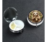 Cute Cartoon Sloth Pill Box 3 Compartment Waterproof Pill Container with Mirror Metal Medicine Box Organizer Portable Vitamin Case for Pocket & Purse Travel - Round