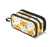Cute Cartoon Tiger Beige Pencil Pouch Zipper Pencils Case Storage Pencil Bag Girls Classroom Pen Pouch Floral Print Adults Kids Back to School Organizer 8.86x3.54x4.33in