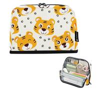 Cute Cartoon Tiger Faces Beige Pencil Storage Bag Zipper Pencil Case Large Pencils Pouch Classroom Pen Bag Boys Art Adults Kids Back to School Organizer