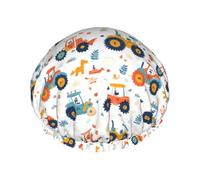 Cute Cartoon Tractor Print Shower Caps for Women, Reusable Double Layers Elastic Band Long Hair Bath Caps for Shower