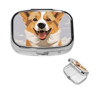 Cute Cartoon Welsh Corgi Dog Pill Box 2 Compartment Square Portable Pill Case for Pocket or Purse Small Weekly Medicine Planner Travel Pillbox with Mirror Decorative Metal Vitamin Holder Gifts