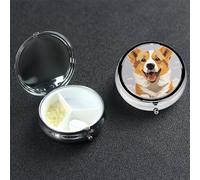 Cute Cartoon Welsh Corgi Dog Pill Box 3 Compartment Round Portable Pill Case for Pocket or Purse Small Weekly Medicine Planner Travel Pillbox with Mirror Decorative Metal Vitamin Holder Gifts