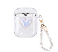 Cute Case for AirPods 1/2 Sparkle with Pearl Wrist Bracelet Keychain, 3D Love Heart Design Glitter for Women Girls Soft TPU Full-Body Protective Shockproof Cover for AirPods 2nd Generation