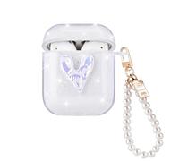 Cute Case for AirPods 1/2 Sparkle with Pearl Wrist Bracelet Keychain, Bling Coloful Love Heart Design for Women Girls Clear TPU Full-Body Protective Shockproof Cover Case for AirPods 1st Generation