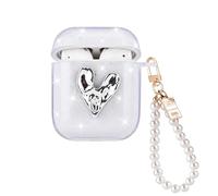Cute Case for AirPods 1/2 Sparkle with Pearl Wrist Bracelet Keychain, Plating Love Heart Design for Women Girls Clear Bling TPU Full-Body Protective Shockproof Cover for AirPods 1st Generation Case