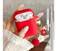 Cute Case for Airpods 2nd Generation Cover for Girl Women with Pom pom Flower Keychain & Cleaner Kit, Soft Silicone Airpods iPod 2 Gen Protective Cover Skin for Airpod 2 Red