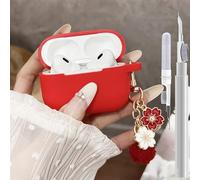 Cute Case for Airpods Pro 2/1 Cover for Girl Women with Pom pom Flower Keychain & Cleaner Kit, Soft Silicone Airpods iPod Pro 2/1 Gen Protective Cover Skin for Airpod Pro, Red